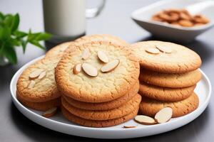 ai generato dolce mandorla biscotti su il tavolo professionale pubblicità cibo fotografia foto