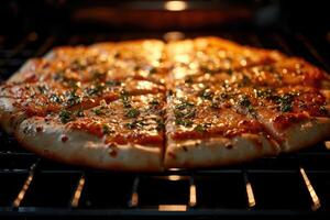 ai generato Visualizza dentro il forno vassoio cottura al forno Pizza professionale pubblicità cibo fotografia foto