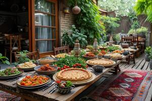 ai generato servi vario pasto per iftar Ramadan pubblicità cibo fotografia foto