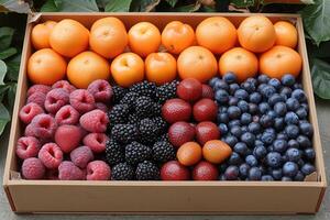 ai generato fresco frutta regalo scatola professionale pubblicità cibo fotografia foto