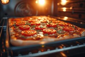 ai generato Visualizza dentro il forno vassoio cottura al forno Pizza professionale pubblicità cibo fotografia foto