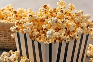 ai generato Popcorn popping nel a strisce cartone secchio professionale pubblicità cibo fotografia foto