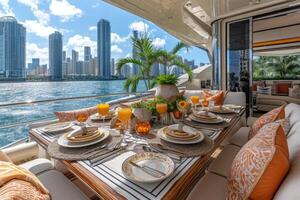 ai generato cenare tavolo su il superiore ponte fantasia yacht professionale pubblicità cibo fotografia foto