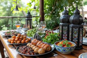 ai generato cenare tavolo con Ramadan vibrazioni decorazione santo mese di Ramadan concetto professionale pubblicità cibo fotografia foto