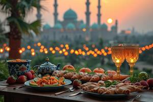 ai generato servi vario pasto per iftar Ramadan pubblicità cibo fotografia foto