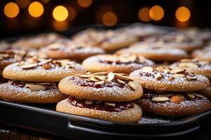 ai generato dolce mandorla biscotti su il tavolo professionale pubblicità cibo fotografia foto