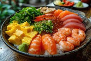 ai generato un' piatto di un' bene plated cucinato giapponese piatto su un' tavolo superiore professionale pubblicità cibo fotografia foto