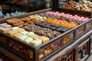 ai generato un' grande regalo scatola pieno con un' varietà di cioccolatini e biscotti professionale pubblicità cibo fotografia foto