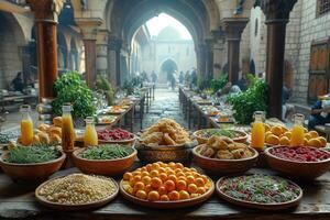 ai generato servi vario pasto per iftar Ramadan pubblicità cibo fotografia foto