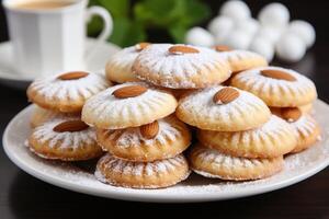 ai generato dolce mandorla biscotti su il tavolo professionale pubblicità cibo fotografia foto