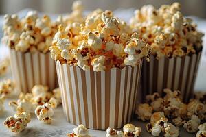 ai generato Popcorn popping nel a strisce cartone secchio professionale pubblicità cibo fotografia foto