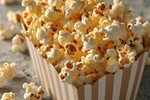 ai generato Popcorn popping nel a strisce cartone secchio professionale pubblicità cibo fotografia foto