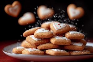 ai generato cuore cioccolato biscotti volante nel il aria professionale pubblicità cibo fotografia foto