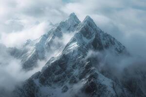 ai generato Torre di neve coperto picchi maestosamente raggiunge per il nuvoloso cieli foto