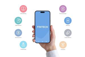 smartphone viene visualizzato un' Fintech App circondato di popolare Fintech Servizi icone. razionalizzazione finanza con senza soluzione di continuità accessibilità per diverso digitale Servizi, valorizzare moderno bancario esperienze foto