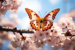 ai generato avvicinamento di un' farfalla seduta su un' ciliegia fiorire ramo. generato di artificiale intelligenza foto