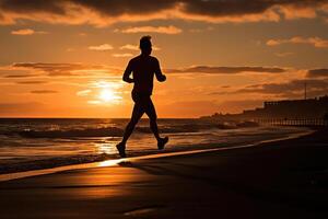 ai generato silhouette di un' uomo jogging lungo il riva a tramonto e alba. in esecuzione concetto. generato di artificiale intelligenza foto