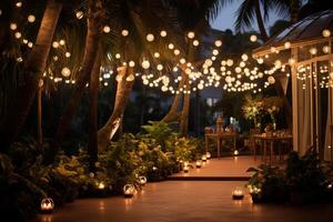 ai generato il territorio di un' lusso Hotel con palma alberi nel bellissimo sera illuminazione. ricorrere vacanza concetto. generato di artificiale intelligenza foto