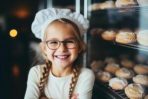 ai generato un' poco ragazza nel un' dello chef completo da uomo e bicchieri Il prossimo per fresco al forno merce. un' poco ragazza nel un' dello chef completo da uomo e bicchieri Il prossimo per fresco al forno merce. foto