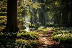 ai generato bellissimo paesaggio di primavera foresta con fiori nel il luce del sole. naturale sfondo. generato di artificiale intelligenza foto