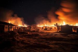 ai generato fuoco nel un' deserto insediamento. ardente edifici di nomadi. generato di artificiale intelligenza foto