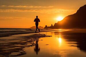 ai generato silhouette di un' uomo jogging lungo il riva a tramonto e alba. in esecuzione concetto. generato di artificiale intelligenza foto