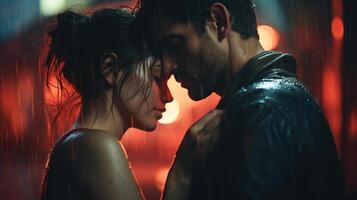 ai generato coppia nel amore nel il pioggia su un' sfocato sfondo. foto nel cinematico stile. generato di artificiale intelligenza