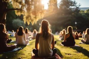 ai generato posteriore Visualizza di donne fare yoga nel un' parco su il erba. generato di artificiale intelligenza foto