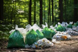 ai generato spazzatura borse nel il foresta. pulito pianeta concetto. generato di artificiale intelligenza foto