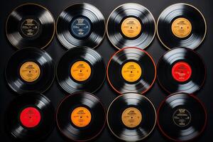 ai generato collezione di vinile record su un' nero sfondo. generato di artificiale intelligenza foto