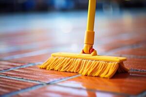 ai generato bagnato pulizia di il pavimento utilizzando un' Mocio. concetto di pulizia, lavori di casa. generato di artificiale intelligenza foto