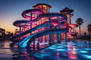 ai generato acqua parco nel il sera nel neon illuminazione nel un' lusso Hotel con un' nuoto piscina. generato di artificiale intelligenza foto