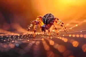 ai generato nature Dramma ragno striscia su un' rugiadoso ragnatela a tramonto foto