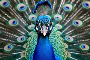 ai generato il Impressionante bellezza di un' blu maschio pavoni piume catturato foto