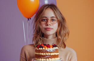 ai generato un' ragazza è Tenere un' compleanno torta e palloncini, nel il stile di viola e arancia. foto