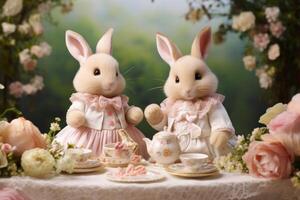 ai generato un' capriccioso ambientazione con adorabile coniglietto figurine, ambientazione il palcoscenico per un incantevole Pasqua promozione. foto