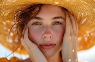 ai generato un' giovane donna indossare un' cannuccia cappello e castelli di sabbia con mani su sua viso. foto