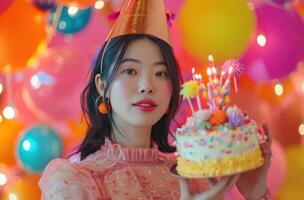 ai generato un asiatico donna Tenere un' torta e indossare un' compleanno cappello. foto