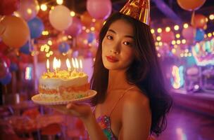 ai generato un asiatico donna Tenere un' torta e indossare un' compleanno cappello. foto