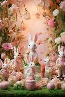 ai generato un' capriccioso ambientazione con adorabile coniglietto figurine, ambientazione il palcoscenico per un incantevole Pasqua promozione. foto