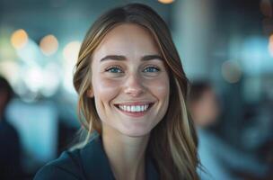 ai generato donna d'affari sorridente nel ufficio con altro dipendenti. foto