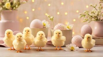 ai generato carino pulcini e Pasqua decorazioni combinare per modulo un adorabile sfondo per elegante e festivo promozioni. foto