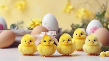 ai generato carino pulcini e Pasqua decorazioni combinare per modulo un adorabile sfondo per elegante e festivo promozioni. foto