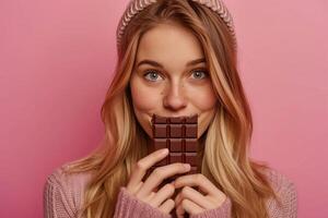 ai generato carino donna snobba cioccolato al di sopra di rosa sfondo. foto