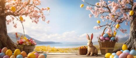 ai generato Pasqua coniglietto con colorato uova e alberi su un' di legno panchina nel primavera tempo atmosferico. foto