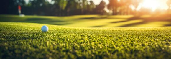 ai generato golf palla su erba con luce del sole foto