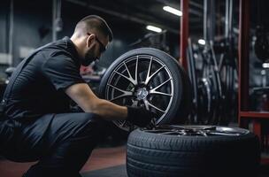 ai generato uomo fissaggio automobile pneumatico nel Manutenzione pneumatico negozio. foto