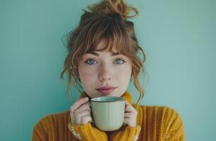 ai generato donna Tenere caffè tazza è guardare su in direzione blu sfondo. foto