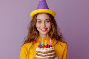 ai generato donna nel compleanno cappello Tenere compleanno torta. foto
