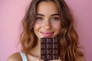 ai generato giovane donna Tenere un' buio cioccolato bar rosa sfondo. foto